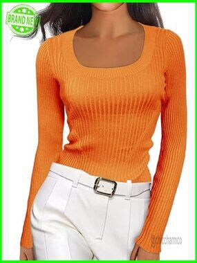 Scoop Neck U-Neck Knit Long Sleeve Slim Fit Ribbed Sweater Top